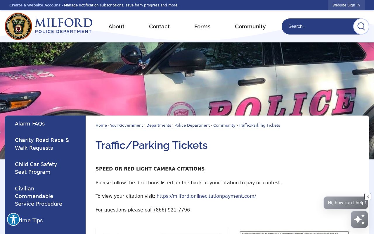 Milford official page separating camera citations, state traffic cases, and parking tickets