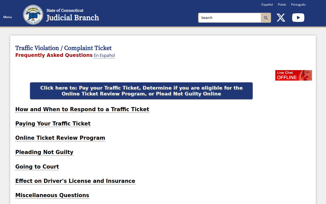 Connecticut Judicial Branch traffic ticket response and failure guidance