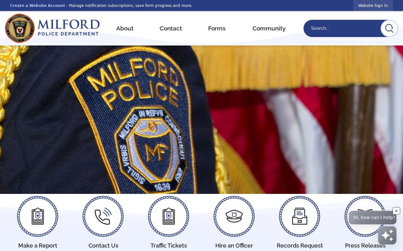 Milford Police headquarters contact information and 24-hour service statement