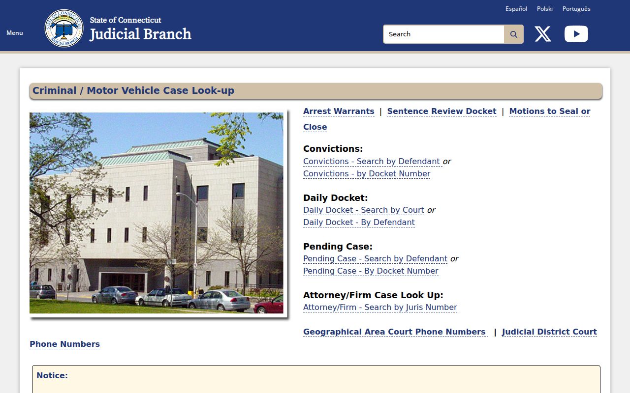 Connecticut Judicial Branch criminal case lookup choices used for Milford warrant checks