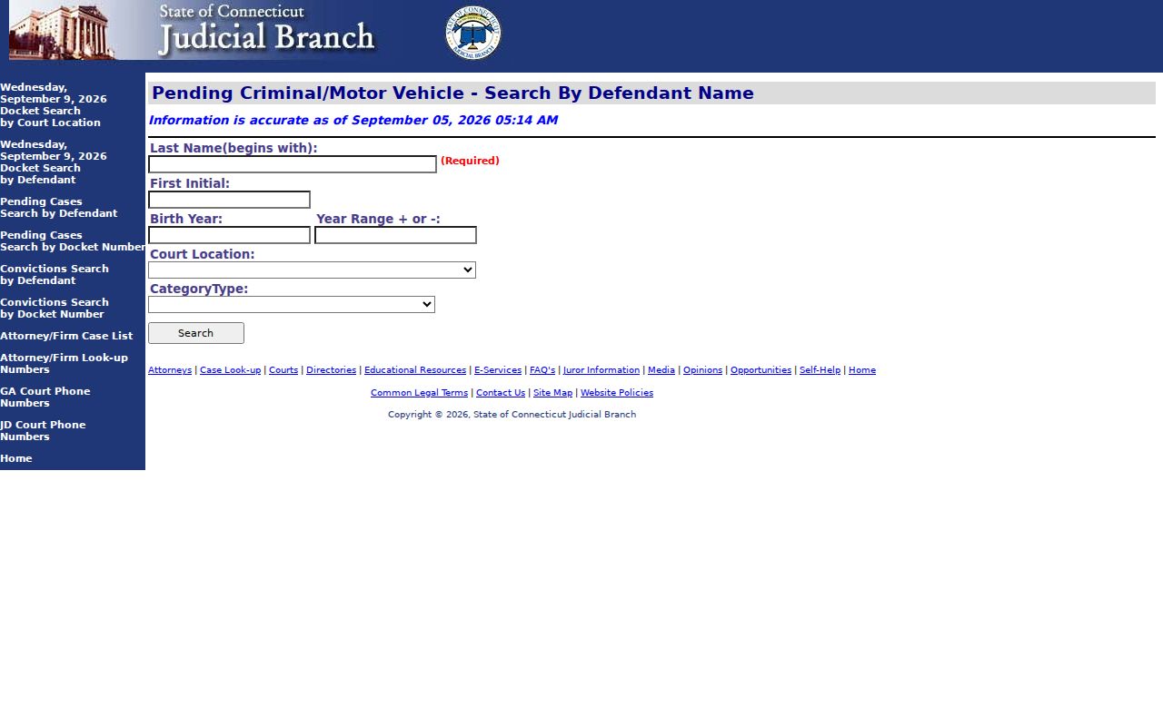 Pending criminal and motor vehicle search fields for Milford court cases